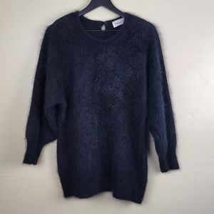 Vintage Embroidered Beaded Applique Angora Blend Black Sweater Size Medium/Large